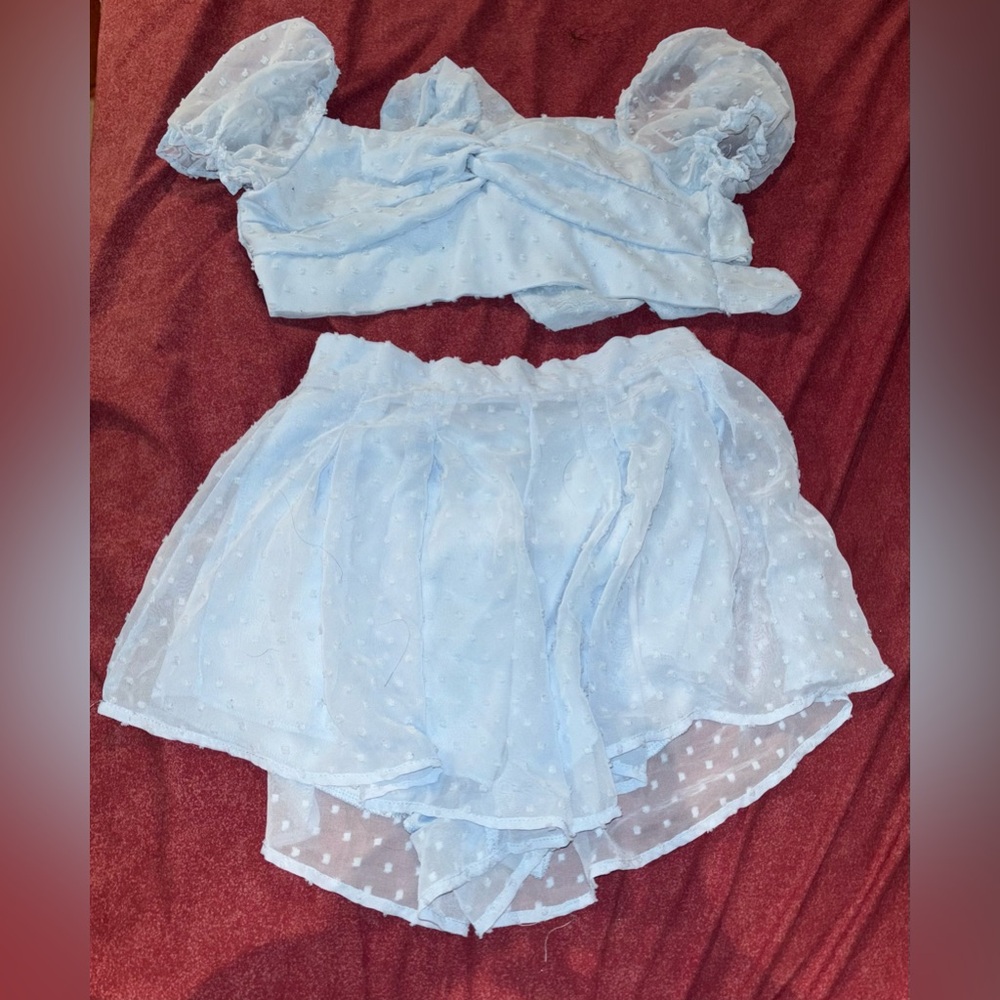 Blue popcorn top and flowy shorts set